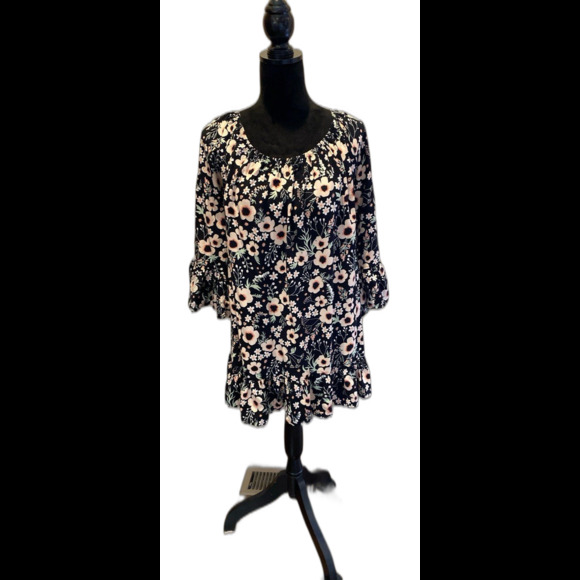 Terra & Sky Tunic Blouse Plus Size 2X Floral Print Ruffle Hem Bell Sleeve Boho - Picture 1 of 10